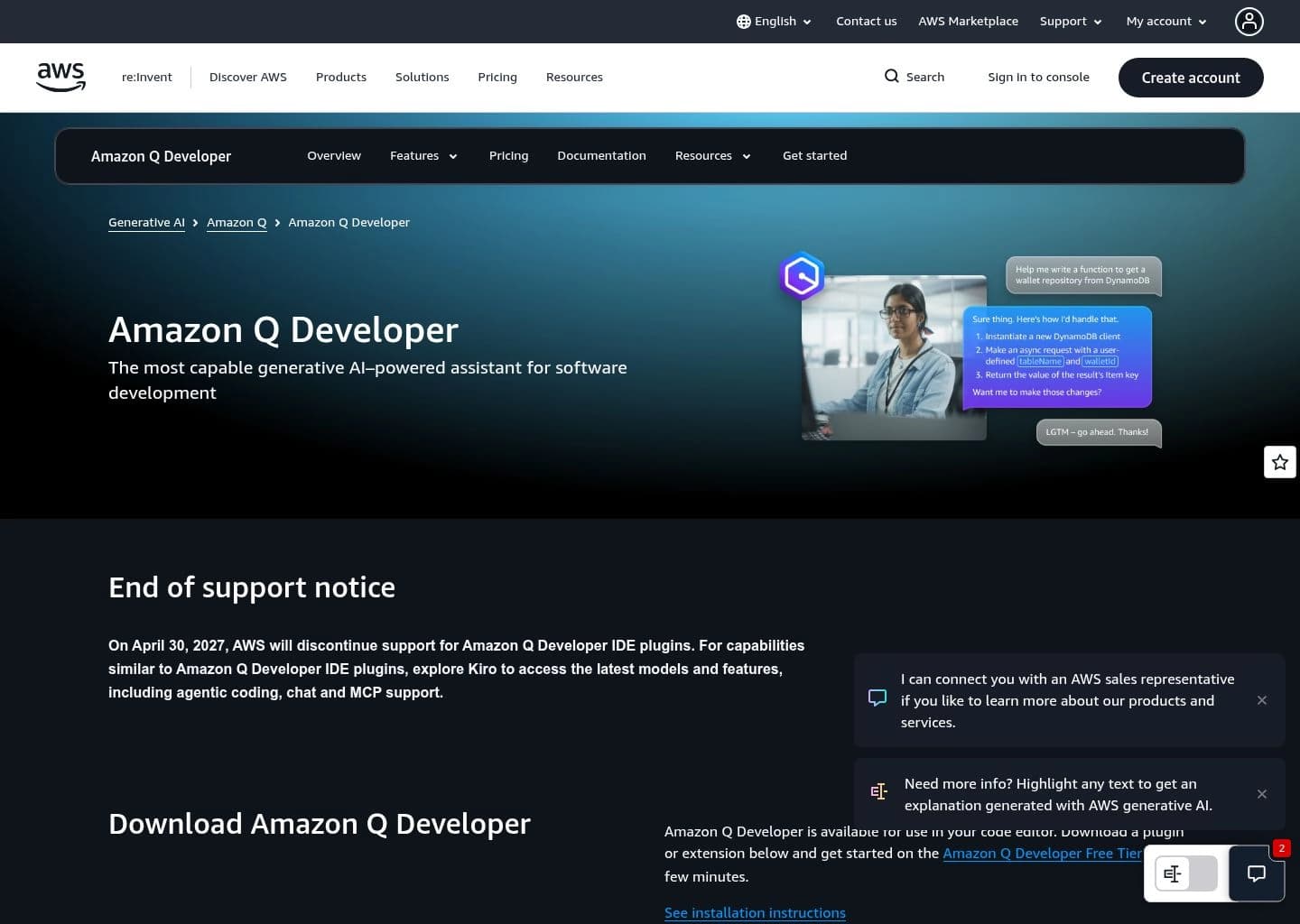 Amazon Q Developer Workspace Preview Amazon Q Developer user interface dashboard preview - Top Codeium alternative