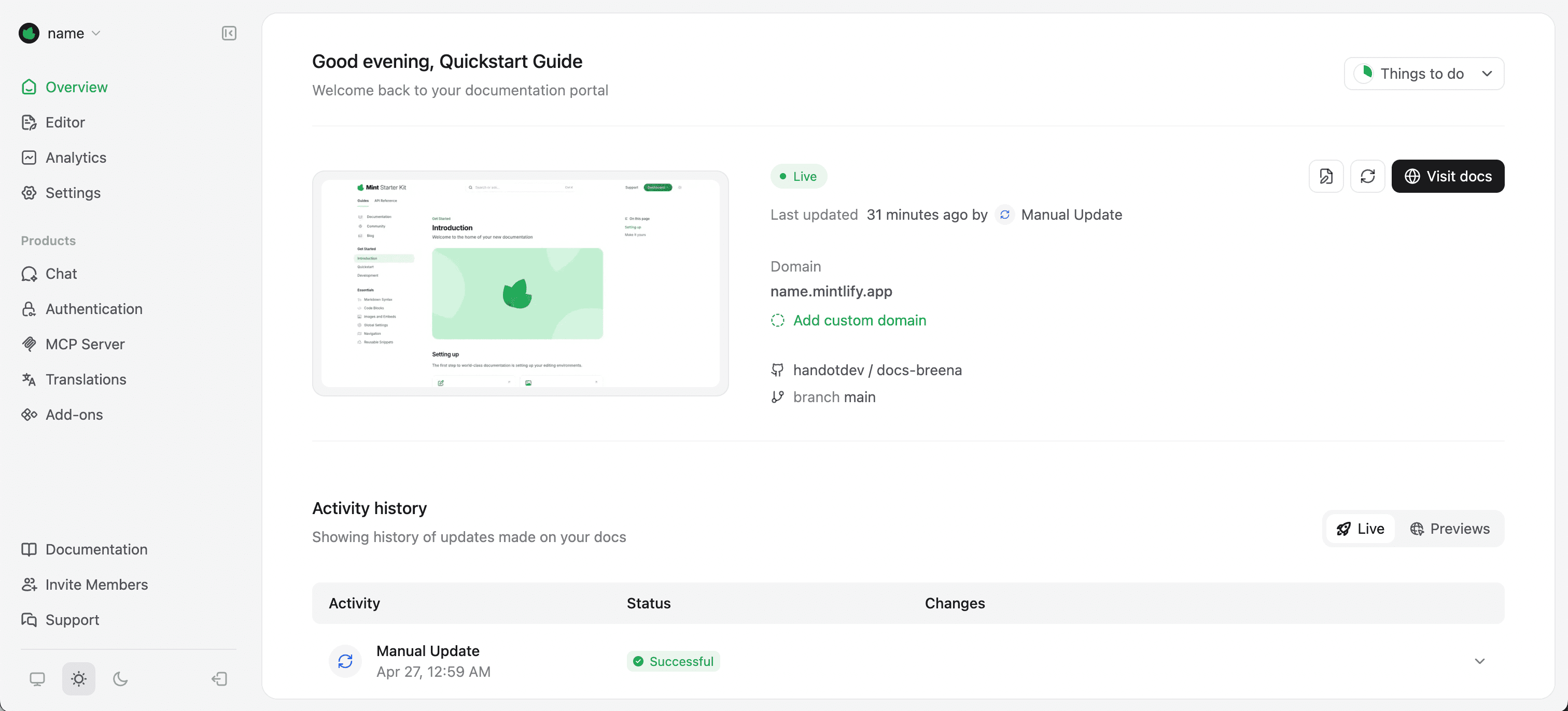 Mintlify Interface Screenshot Mintlify AI Developer Tool Workspace UI Preview
